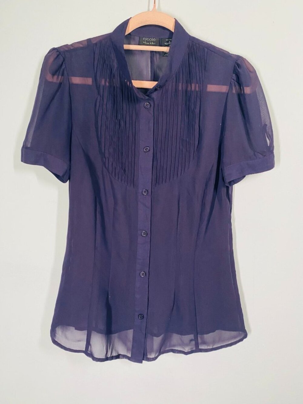 Vintage Nicole By Nicole Miller Sheer Blue Button-Up Short Sleeve Blouse Size